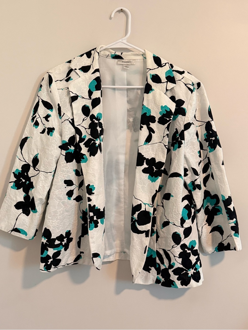 dressbarn White Floral Open-Front Blazer with Black & Teal Accents